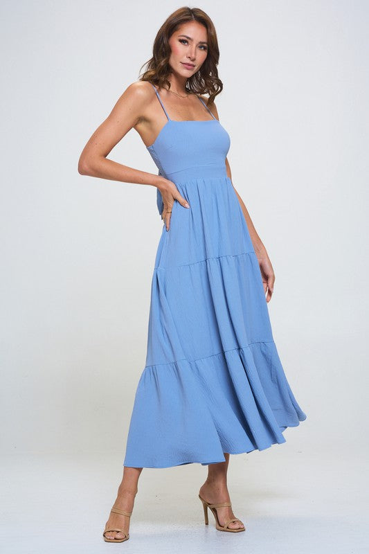 TIERED TIE BACK FIT AND FLARE MIDI DRESS