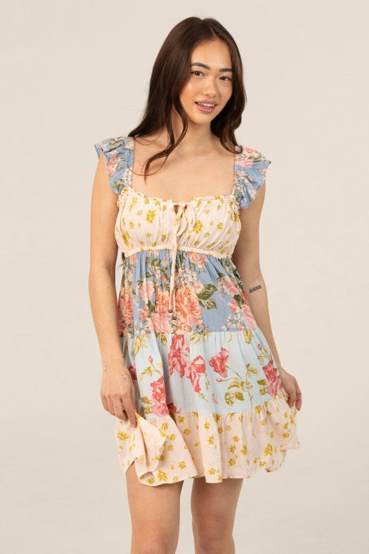 Mix Print Flutter Sleeve Tierd Short Dress