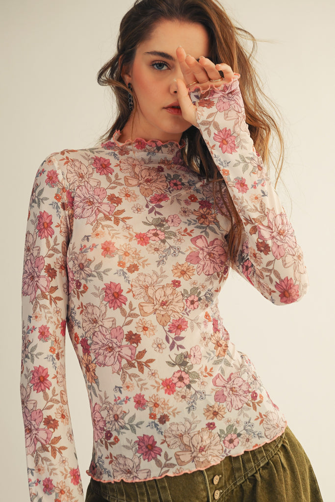 Mesh Floral Thumb Hole Top