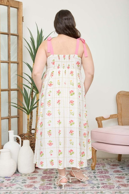 Plus Floral Tile Pattern Tie Strap Midi Dress