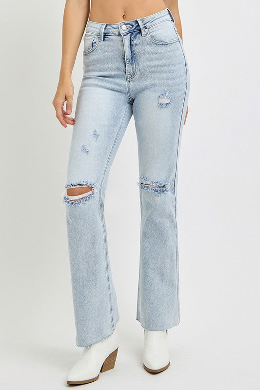 HIGH RISE DISTRESSED FLARE JEANS