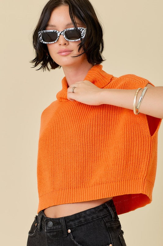 TURTLE NECK SLEEVELESS BOXY SWEATER CROP TOP