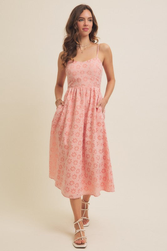 Sweetheart Floral Laser Cut Gingham Midi Dress