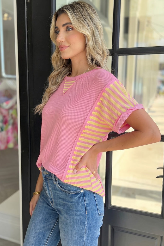 Waffle Textured Contrast Striped Patchwork Loose T Shirt