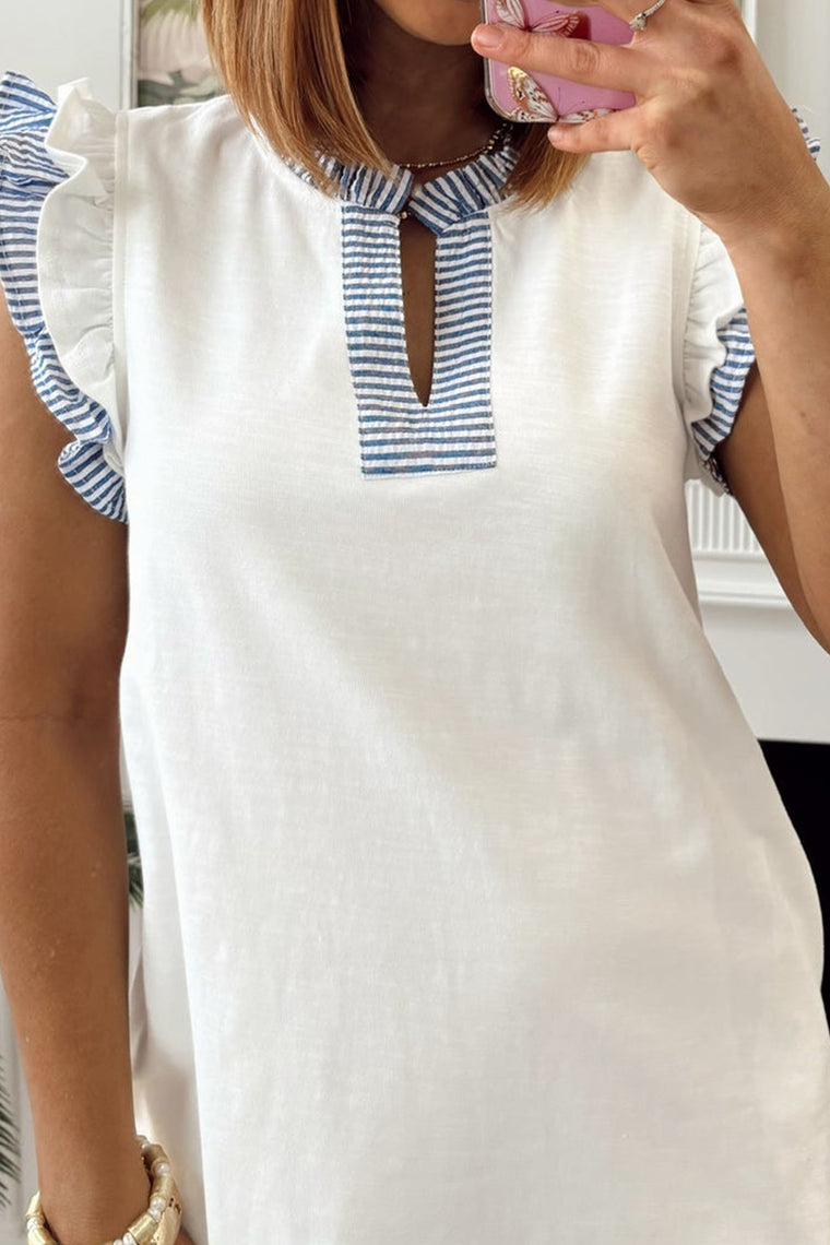 Contrasted Striped Patchwork Ruffle Trim Sleevele Dress