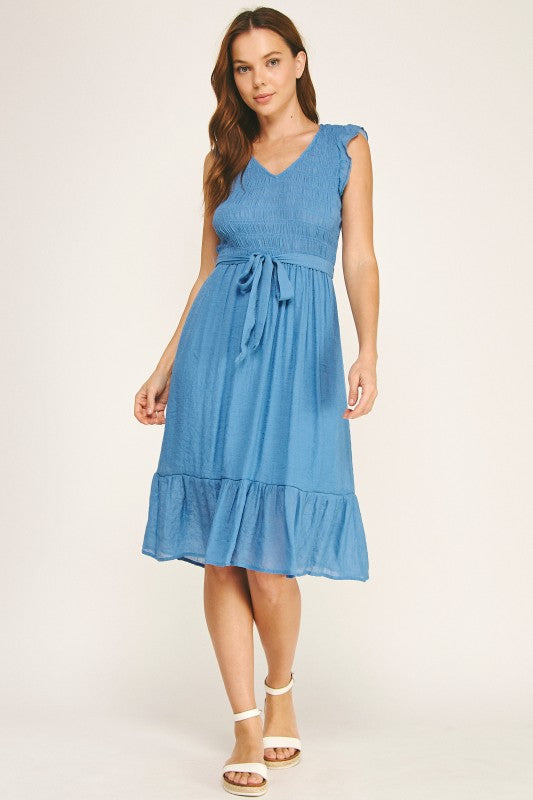 Solid Papaya Gauze Smocking Midi Skirt