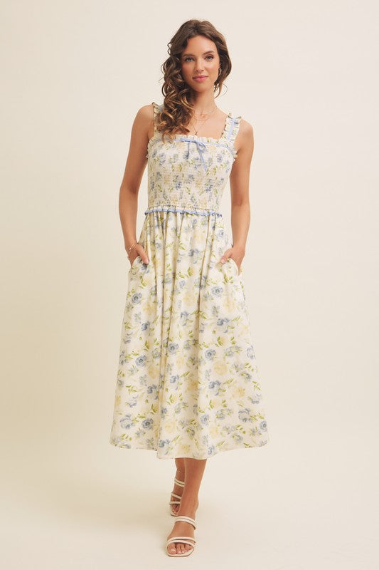 Lovely Floral Smocked Midi Dress With Bow
