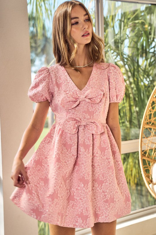 Jacquard Puff Sleeve Mini Dress Double Bow Detail