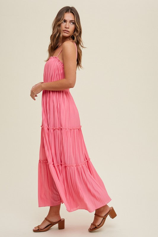 PLEATED TIERED MAXI DRESS WITH RUFFLE DETAIL