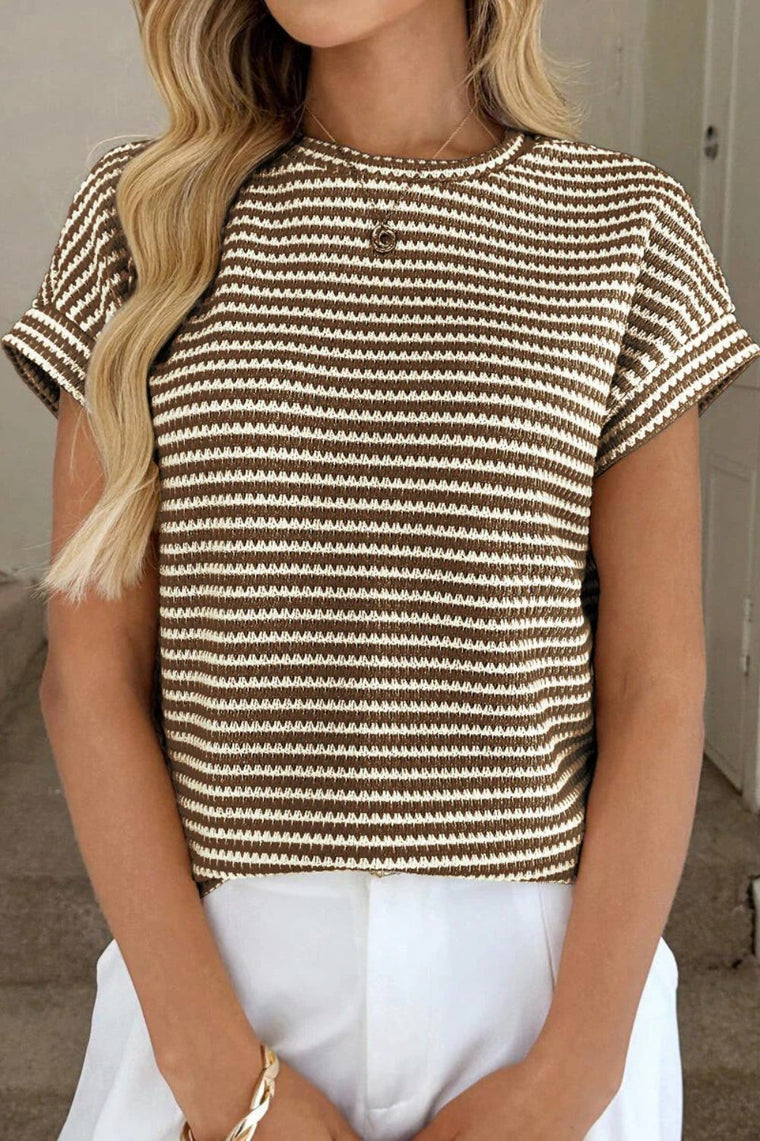 Lightweight Striped Knit Short Sleeve Summer Sweater Top