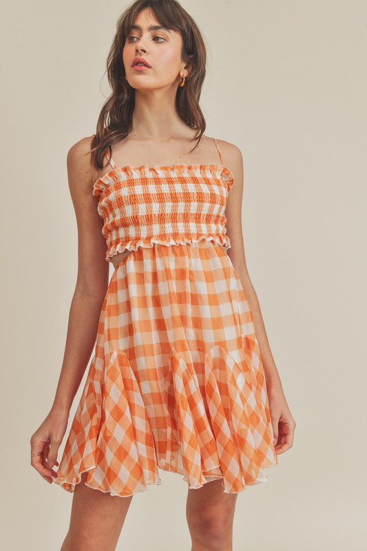 GINGHAM PLAID SMOCKED CUT OUT MINI DRESS