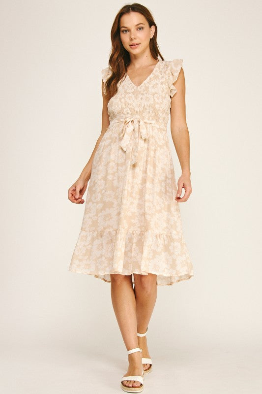Smocked Flutter Sleeve Floral Midi Dress