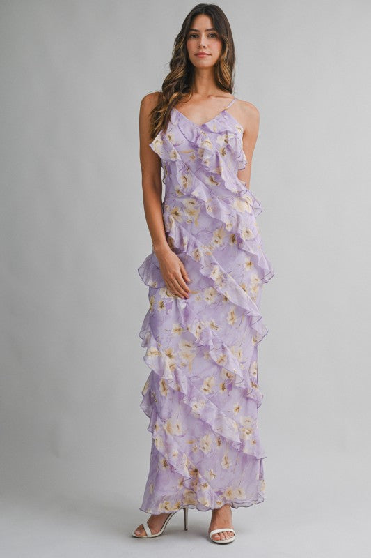 Floral Print Asymmetrical Tiered Ruffled Maxi Dress