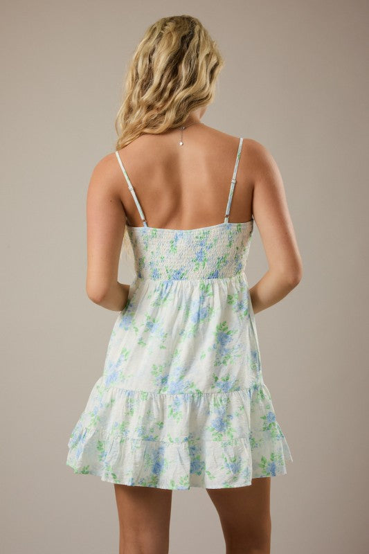 Mini Dress With Floral Print And Smocking Back