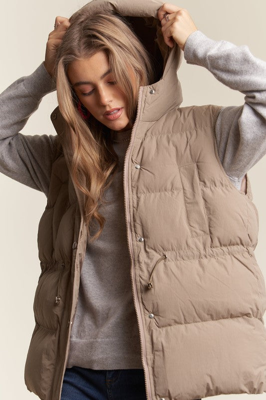PUFFY HOODIE VEST WITH WAIST DRAWSTRING