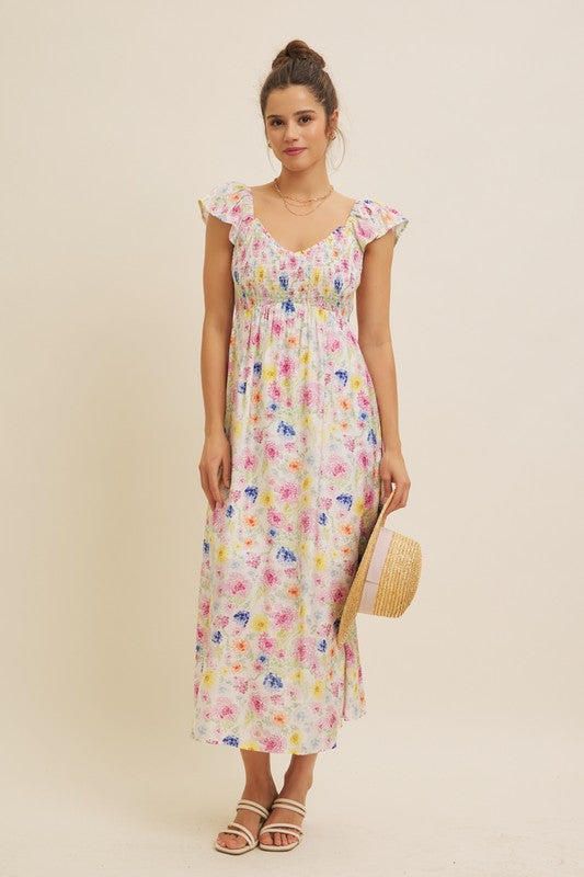 Pop Of Color Floral Smocked Maxi Dress With Bow