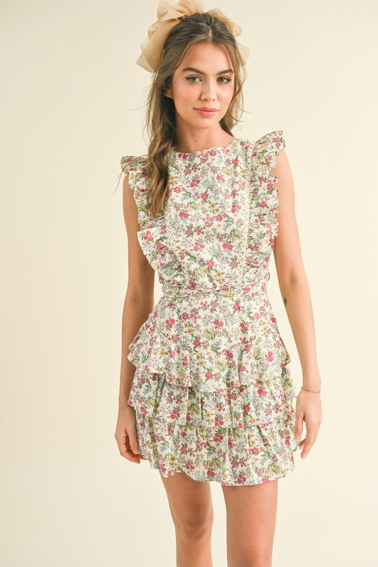 FLORAL PRINT TIERED RUFFLED OPEN BACK ROMPER DRESS