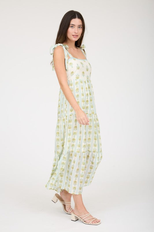 Stripe Floral Contrast Sleeveless Midi Dress