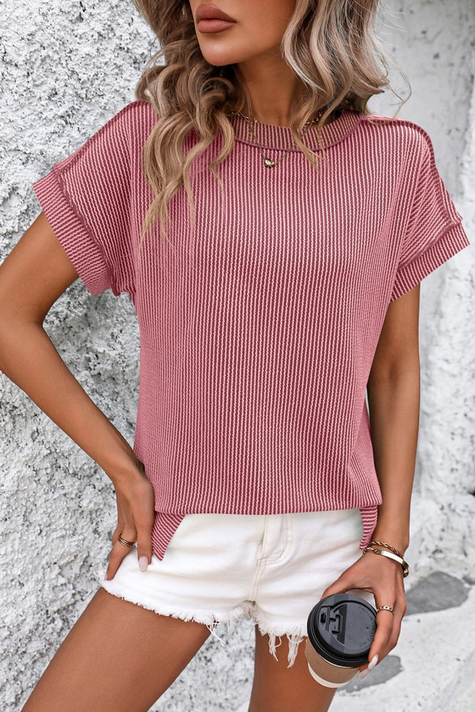 Ribbed Knit Top Relaxed Fit Short Sleeve Pocket Detail