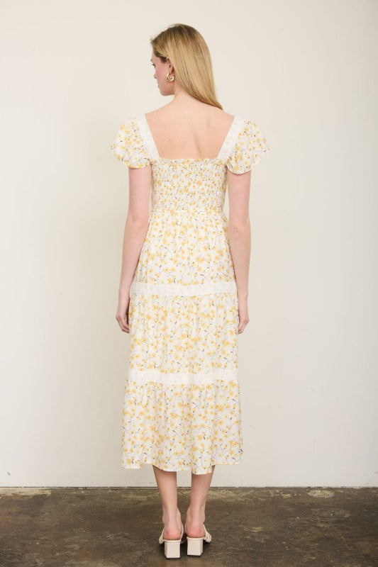 Floral Lace Trim Smocked Tiered Midi Dress