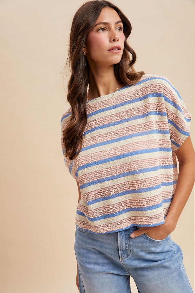 Tweed Texture Striped Crop Knit Top