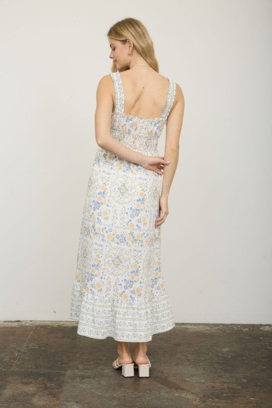Border Floral Sleeveless Front Tie Midi Dress