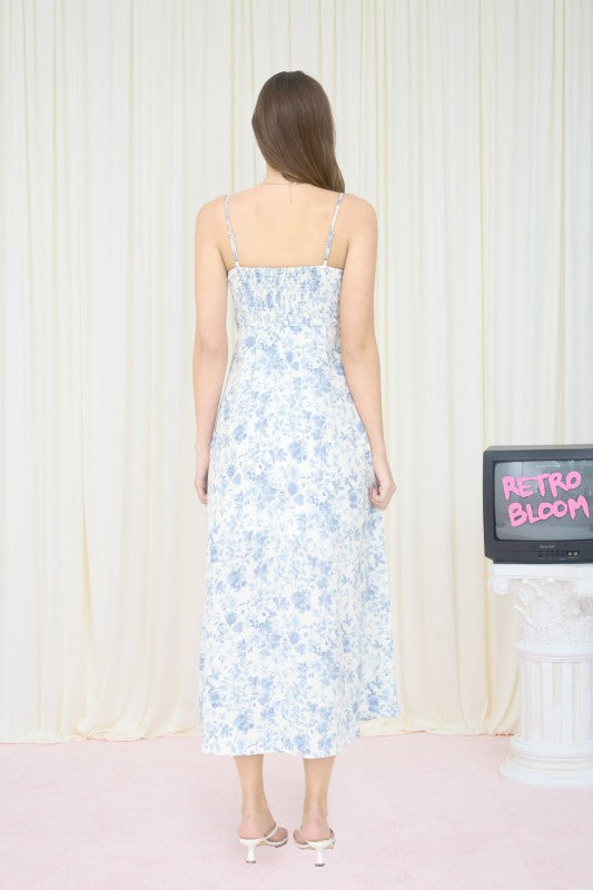 Watercolor Floral Spaghetti Strap Midi Dress