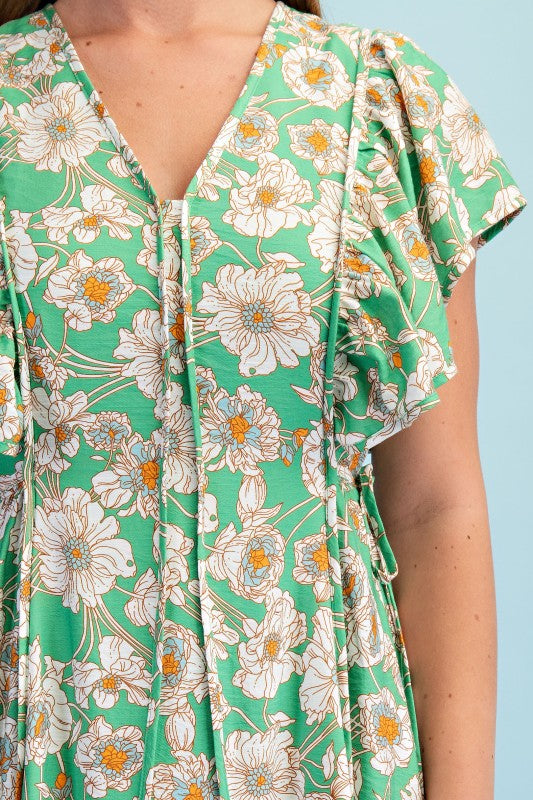 Vibrant Floral Print V-neck Midi Dress