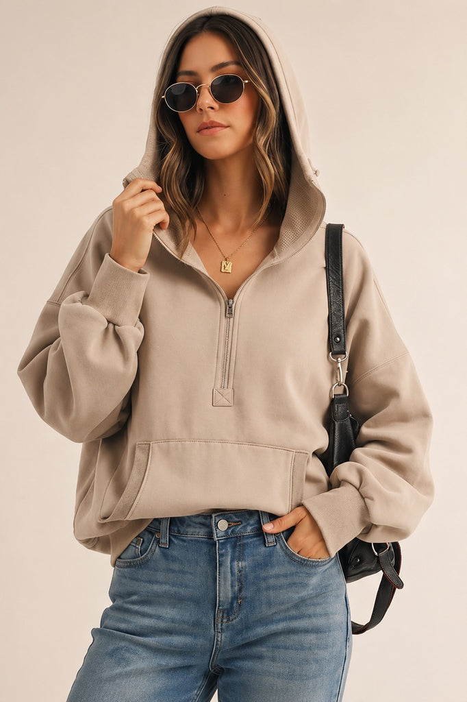 Washed Stitch Elastic Hem Half Zip Fleece Hoodie