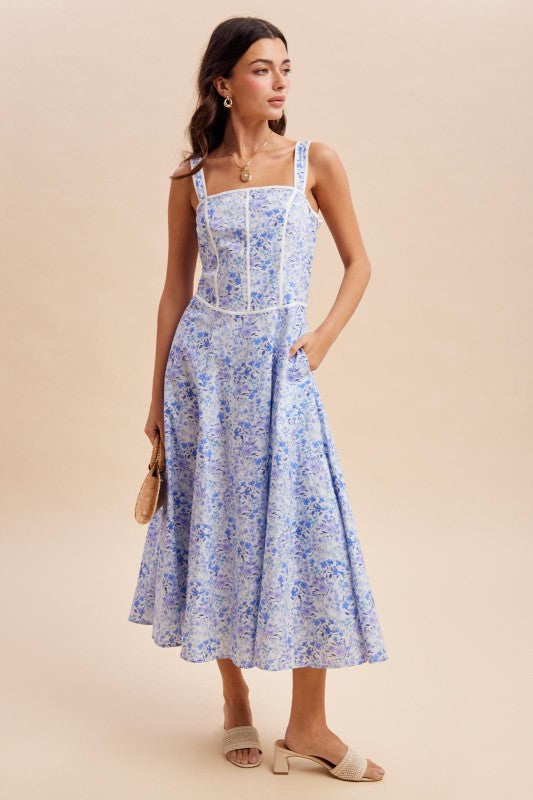 Contrast Piped Floral Maxi Dress