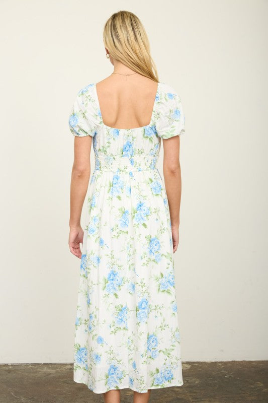 Floral Ruched Bust Puff Sleeve Midi Dress