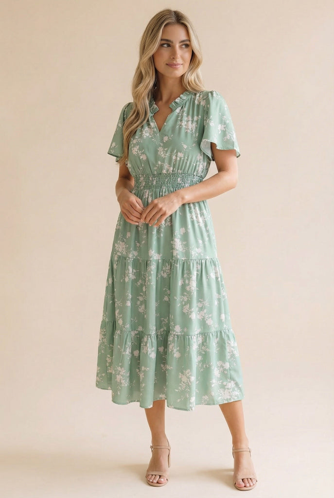 Frilled Notch Neck Smocked Waist Floral Dress
