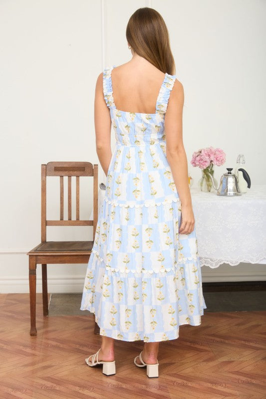Floral Contrast Scallop Trim Sleeveless Midi Dress