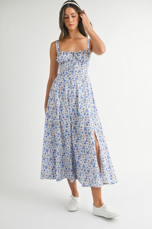 FLORAL PRINT BUSTIER BACK LACE UP MIDI DRESS