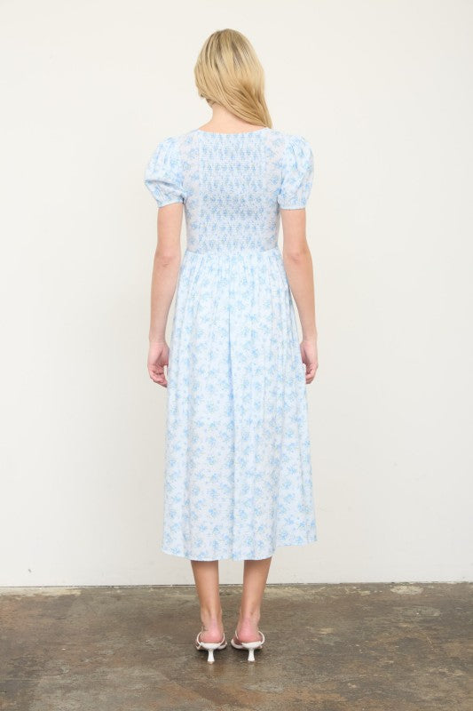 Floral Puff Sleeve V Neck Corset Detail Midi Dress
