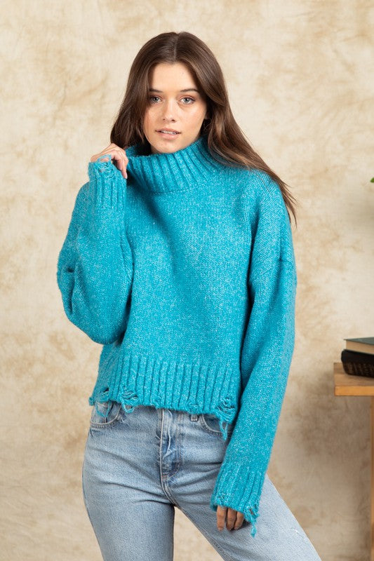 LONG SLEEVE MOCK NECK DISTRESSED SWEATER PULLOVER