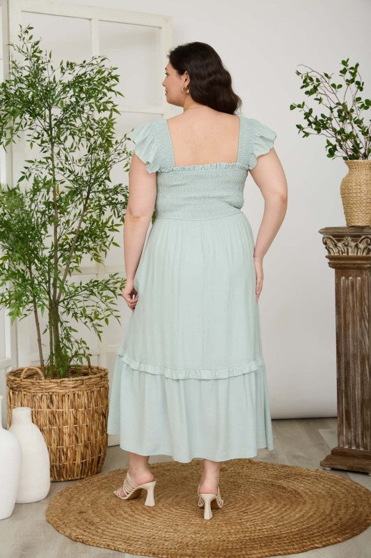 Plus Mock Button Smocked Ruffle Detail Midi Dress