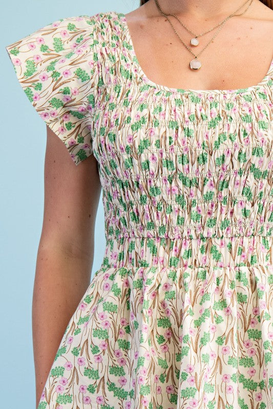 Floral Tiered Elastic Waist Midi Dress