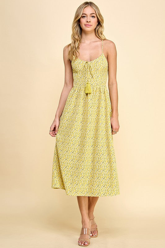Floral Tassel Tie Back Midi Dress