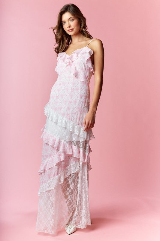 Coquette Printed Lace Mixed Ruffle Maxi Dress