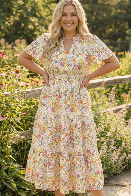 Plus Notch Neck Smocked Waist Tiered Floral Dress