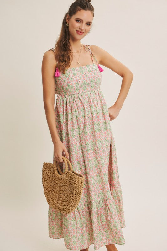 Garden Floral Open-back With Bow Cotton Midi Dress