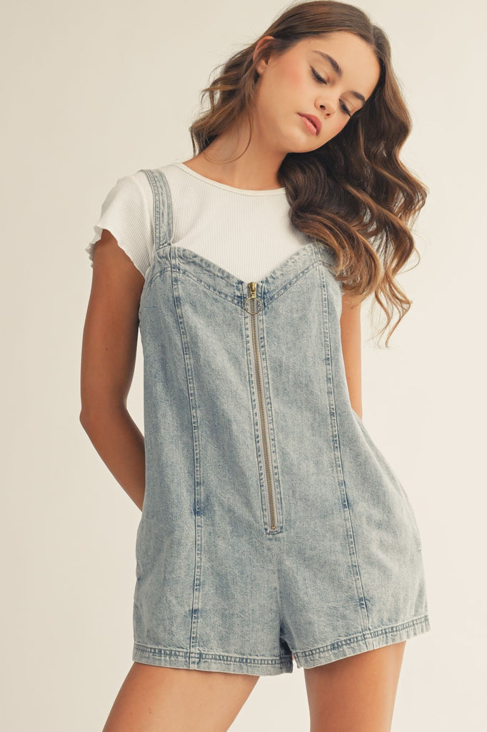 Retro Vintage Faded Washed Zip-up Denim Jumpsuit