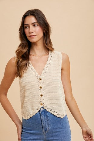 Crochet Trimmed Button Down Sweater Vest