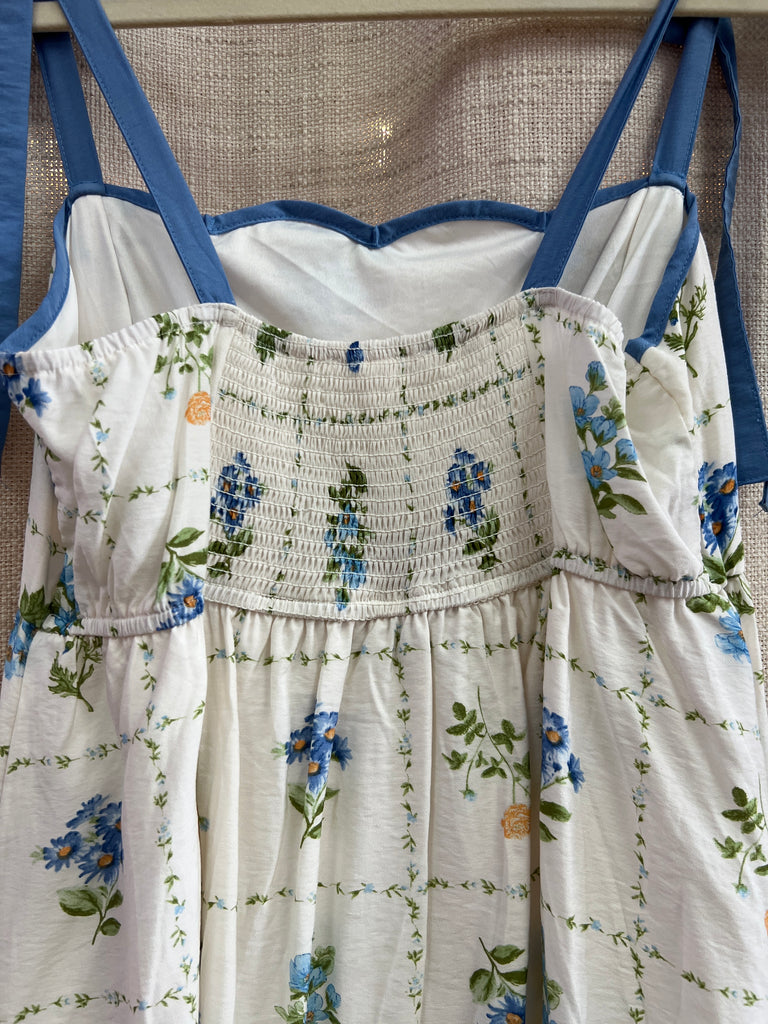 Floral Tile Pattern Scalloped Tie Strap Midi Dress