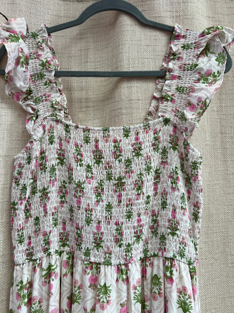 Floral Tile Pattern Smocked Sleeveless Midi Dress