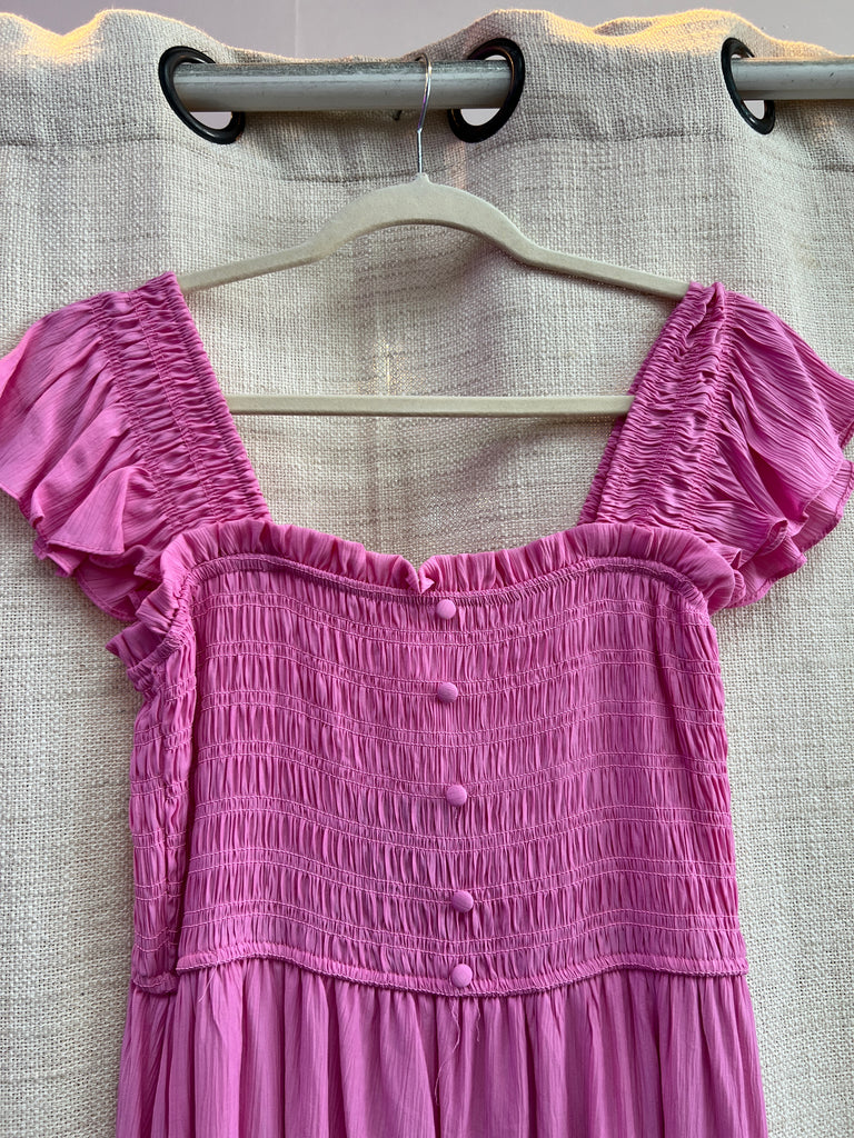 Mock Button Down Smocked Ruffle Detail Midi Dress
