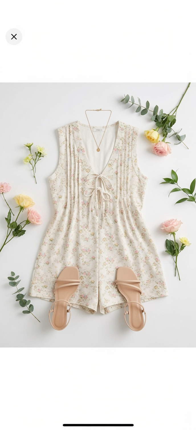 Ivory Floral Tie Front Sleeveless Romper