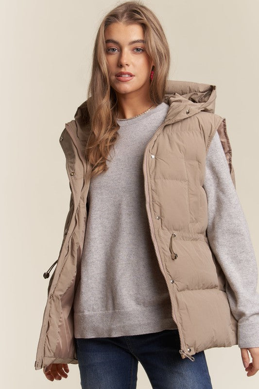 PUFFY HOODIE VEST WITH WAIST DRAWSTRING