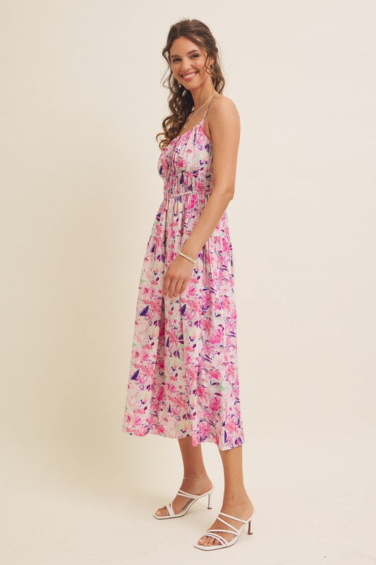 Vibrant Floral Print Ruching Cami Midi Dress